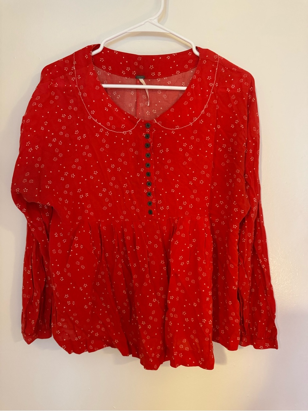 Free People Red Floral Button-Front Peplum Women's Top